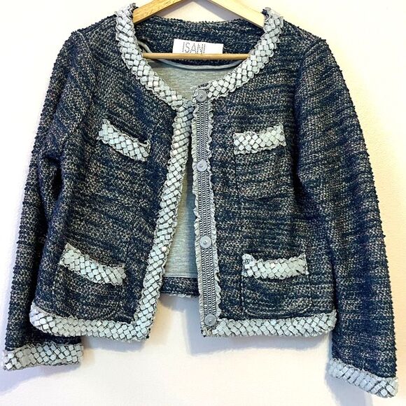 Anthropologie Isani Massey Cropped Tweed Beaded Jacket Boho Glam New Blue Medium - Picture 10 of 15